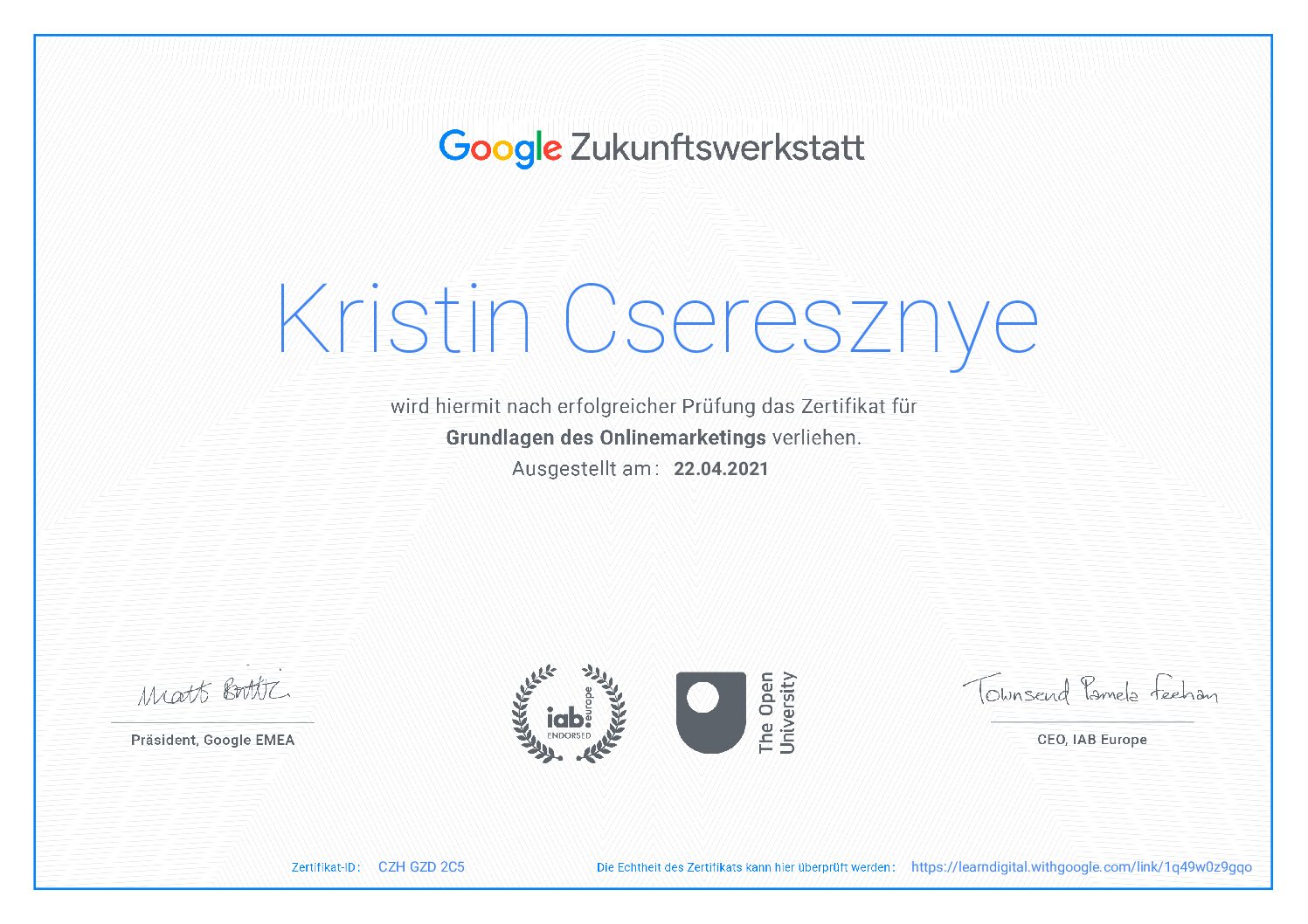 Zertifikat Google Zukunftswerkstatt Kristin Cseresznye Blog, SocialMedia Managerin, Virtuelle Assistentin